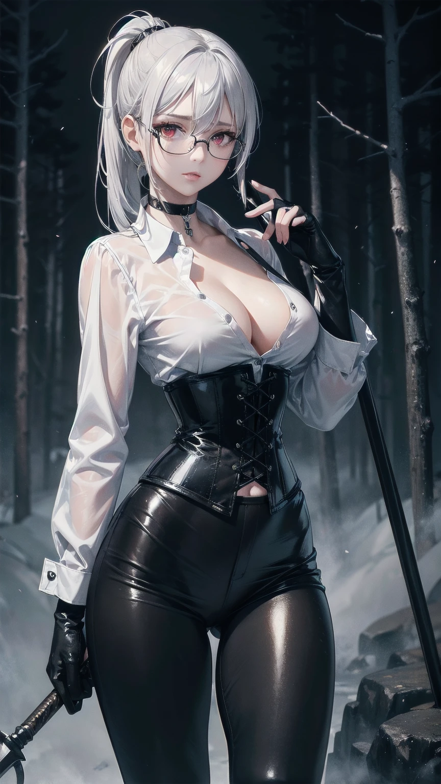masterpiece, Superior image quality, High resolution, 4k image,photo and gross, photorealistic, whole body, 1 girl, standing, {{{vagina}}}, beautiful face, Silver hair short ponytail, Red eyes, very detailed eyes, shy expression, Glasses, choker:1.6, (white collar button down long sleeve shirt), black gloves, gloves that cover hands, holding a spear in his hand, (black leather corset), (shiny black leggings), Sensual Lips, show details in the eyes, View from the front, looking at the viewer, Dark forest, fog, at night