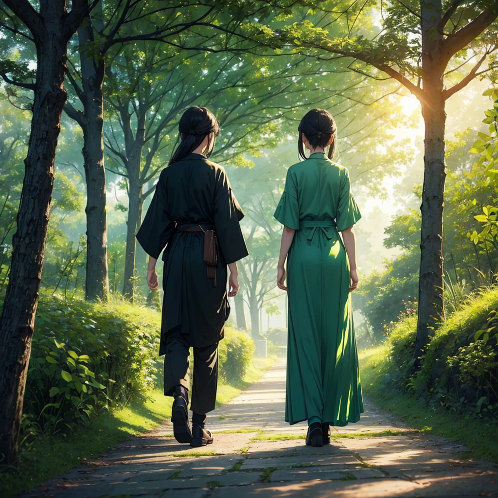 4K,Every green空 carries the promise of a new dawn, evening、Paving the way for a beautiful beginning,Beautiful Nature Paintings. green,green空, green、There is a woman in the photo.、Rear view、