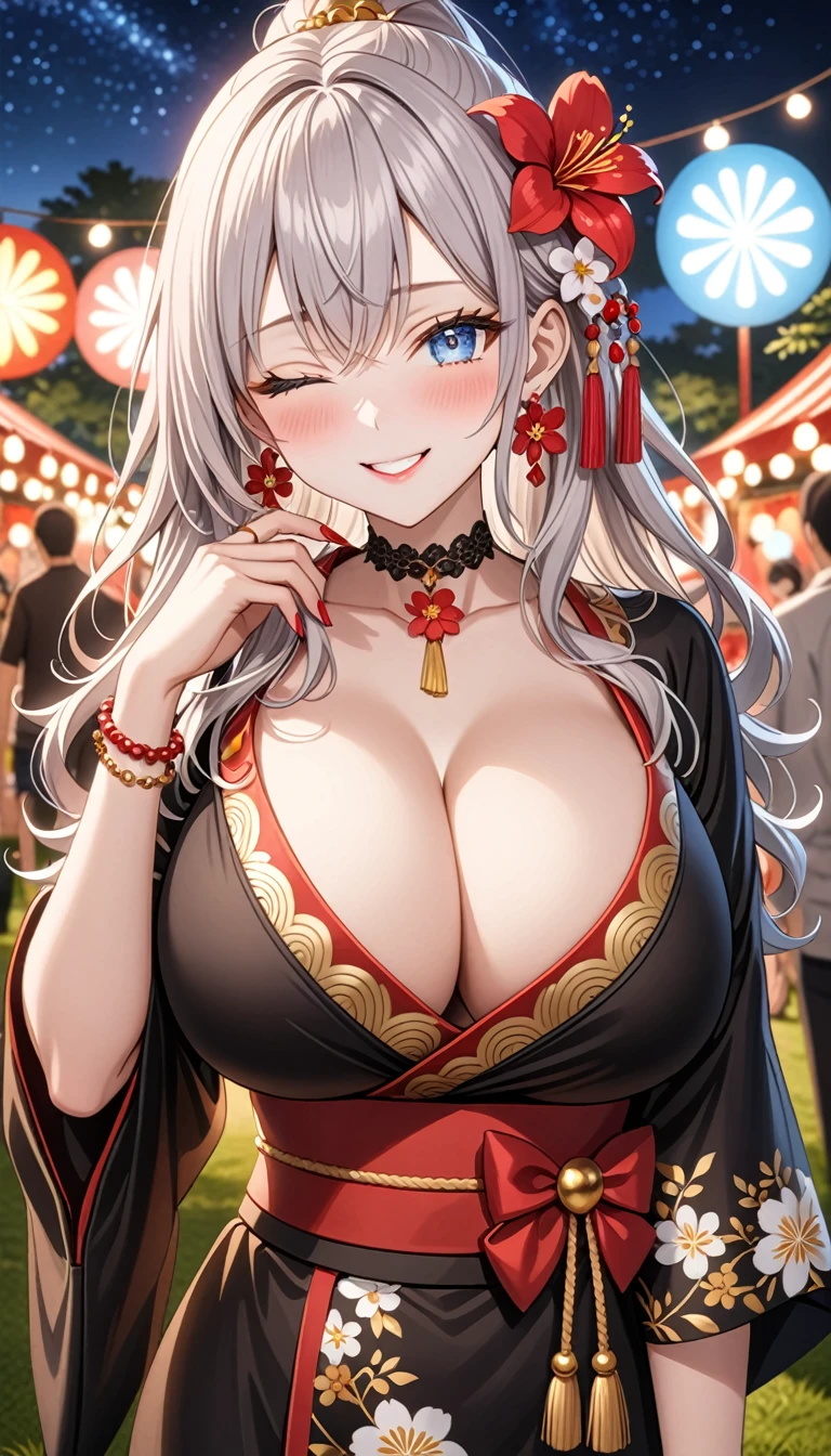 ultra-detailed, ((one girl)), (pale skin:1.4),  (portrait),  fair-skinned gyaru, ((Girl in black kimono)),  (heavy makeup), hyper detailed, absurdres, 8k, Beautiful Face, (Laugh shyly), ((teasing smile:1.2)), ((happy smile:1.4)), ((Wink:1.4)), ((one eye closed:1.5)), (Laugh with your mouth wide open), ((Tilt your face:1.6)), View your viewers, ((full-face blush:1.3)), Glossy Red Lips, ((huge breasts:1.6)), summer, night, Small park, Festival Venue, ((Anime style background)),masterpiece, Highest quality, Latest, Complex details, ((red long nail:1.2)), (ring),(bracelet), (Floral Choker),AI-generated, Complex,High resolution, Highest quality, super high quality,3D Images、3D Images,One person, (Silver White hair),Long Hair, (White high ponytail), (wavy hair:1.3)), Anime woman posing for a photo, ((Eyes with detailed pupils、blue eyes、glowing eyes:1.3)), (Squint your eyes:1.1),a hyperRealistic , hyperRealistic , Realistic,Anime woman with long white hair, Smooth anime CG art, ((A girl in a gorgeous black kimono:1.2)), ((black furisode:1.3)),Gold embroidery, (Large floral pattern in red color), (Long red flower hair ornament),(big floral earrings), Mature Body, tall,Narrow waist, (extreme close-up shot), 