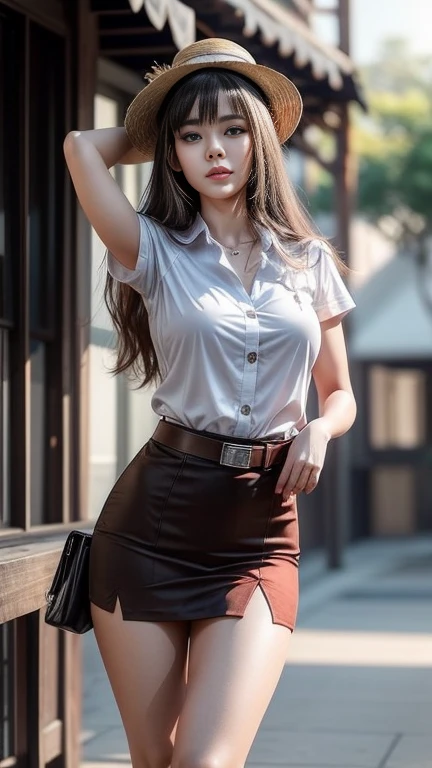 Thai university uniform, white short-sleeve button up shirt:1.2, black tight mini skirt:1.2, brown suede belt:1.2, silver metal shirt buttons:1.2, black straight long hair, masterpiece、beautiful girl、highest quality, High resolution, (reality: 1.4), Cinema Lighting,so beautiful、Beautiful Skin、(super reality)、(High resolution)、(8k)、(Very detailed)、(Very detailed)、 Detailed face, 20, perfect figure, perfect body proportions, torn skirt:1.2, silhouette shirt:1.3, luffy d monkey hat, luffy d monkey red shirt