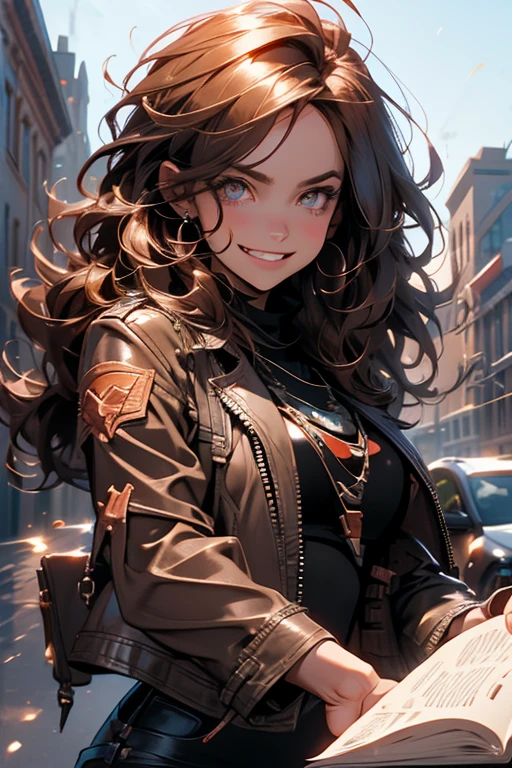 Perfect face. Perfect hands. A brown haired woman with copper eyes and an hourglass figure in a black leather jacket and ripped jeans is practicing magic on the roof of a library with a cocky grin