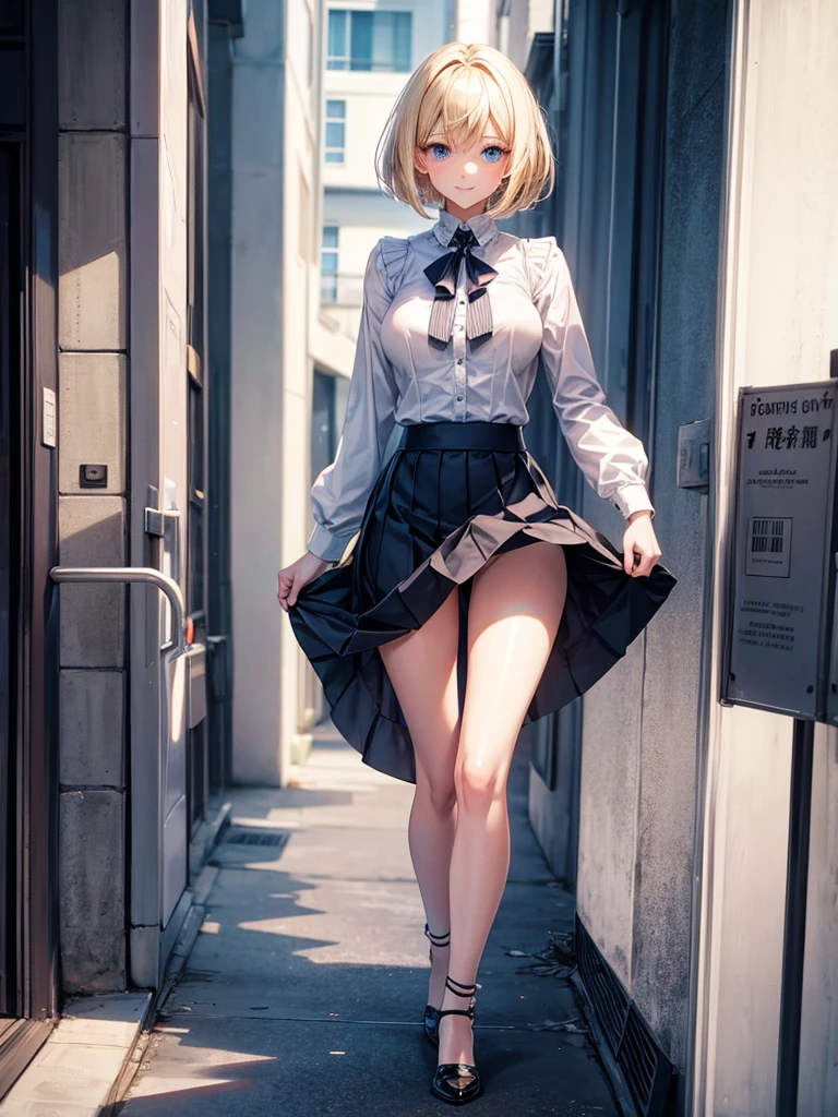 Anime style, super fine illustration, highly detailed, beautiful detailed, pale tone image, static representation, gentle expression, 8k, full body, pretty 1girl with blonde straight short hair & blue eyes & a bright smile & full bust & soft fair skin is wearing big white business shart not to show her skin & black tight skirt, taking off her shoes at the small entrance, in the evening, romantic stories, solo, perfect 5fingers, perfect arms, perfect legs, masterpiece.
