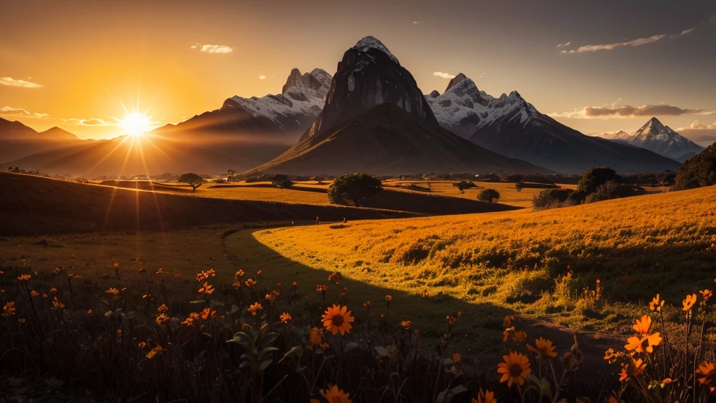 Generate images of South American and European nature, add dark tones to the images, and a beautiful strong orange sun, focus on the sun in the images with an air of hope and faith... Size 16:9 thumbnail style, when you can fit it add a cross wood in the background in the images. research before you start, and reflect.
