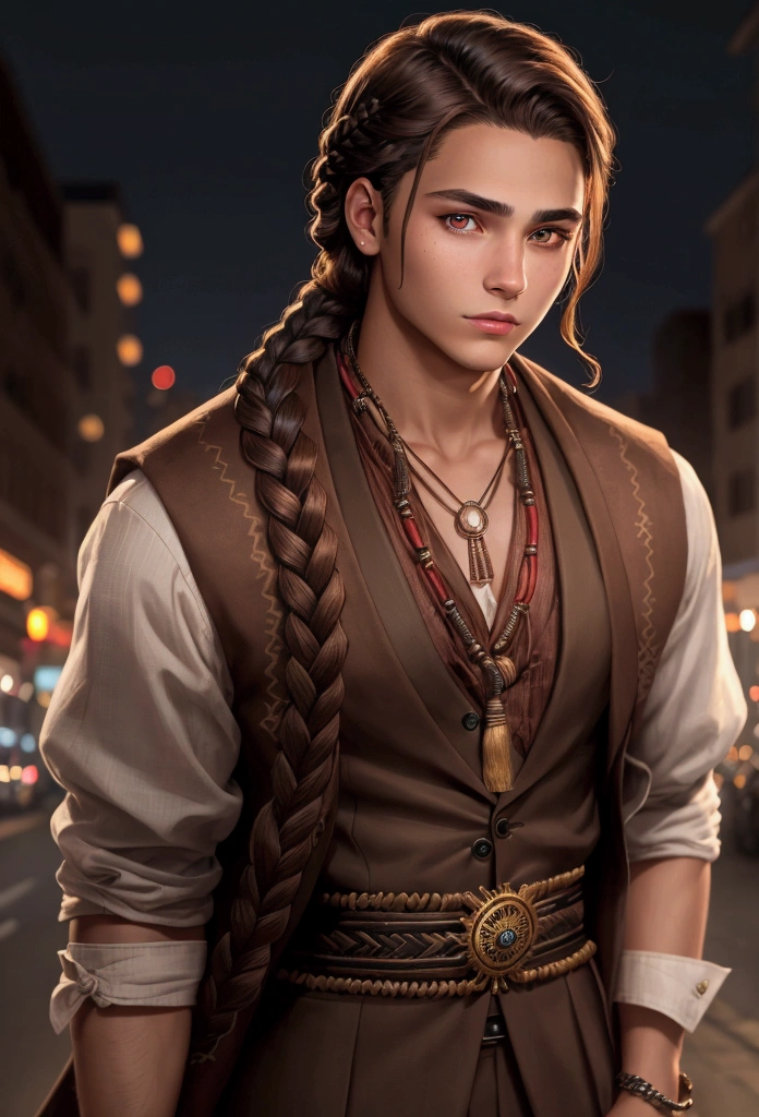 young adult man indiginous well-dressed with accessory indiginous at night braided hair glowing brown eyes protrait