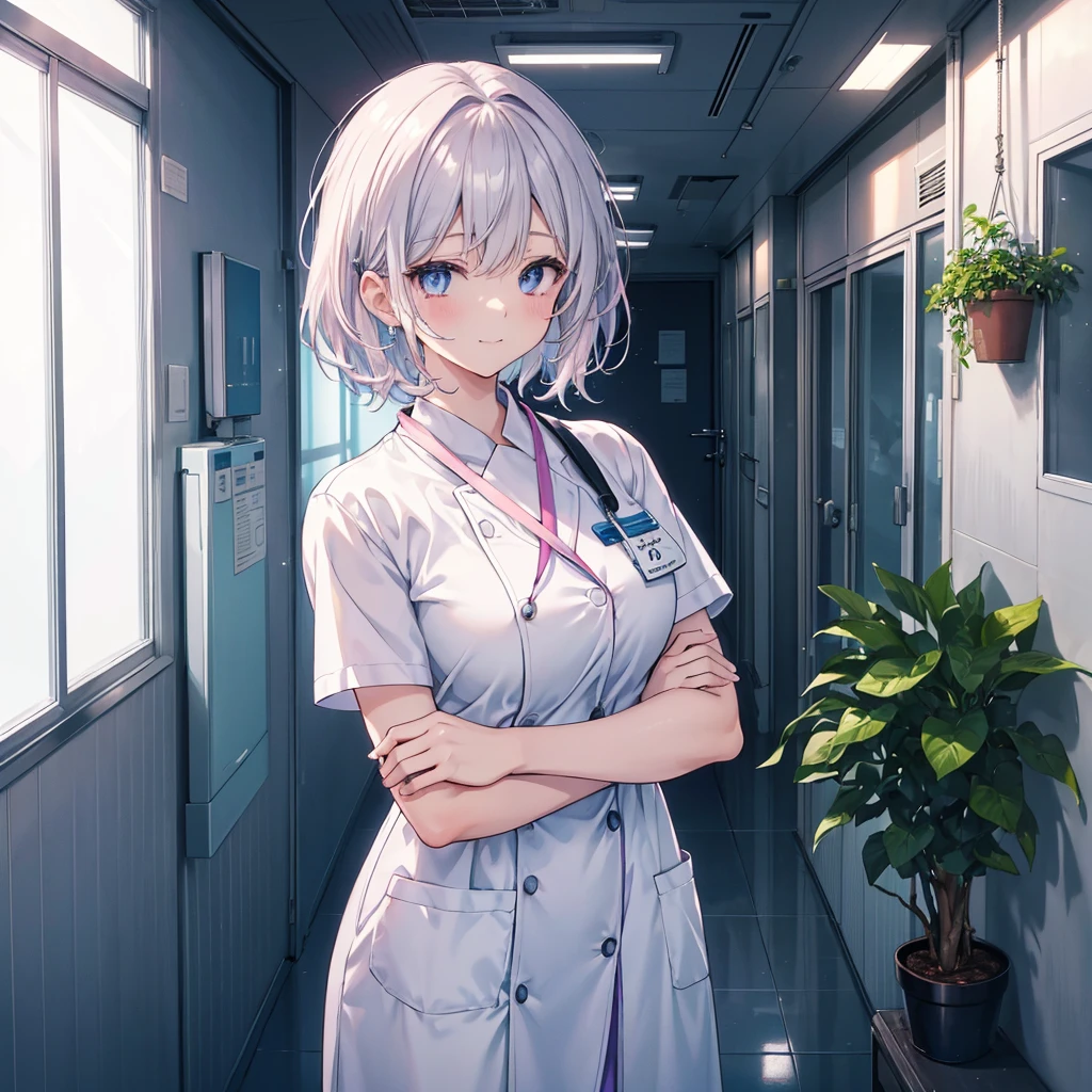 Nursing Aide Jobs. high resolution and detailed depiction. Please create an anime-style illustration of a young nurse aide. Display to the top of the head.Please create an anime-style illustration of a young nurse aide. She has soft, wavy short hair in a silver color with a subtle pink-purple tint. Her eyes are large, expressive, and blue, with a gentle yet serious expression. She is wearing light blue or white scrubs with a name tag. She is standing in a brightly lit hospital corridor, with plants and medical equipment in the background. The lighting is soft, casting gentle shadows to enhance the atmosphere. She is smiling.