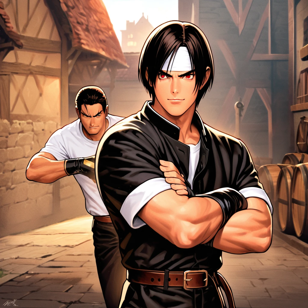 Masterpiece, Best Quality,8K, Full Hand Description, Action Pose, Combat Scene:1.5, Orochikyo, Man has dark skin, red eyes, alone, ((white headband)) two shot s, black jacket (crossed arms), fingerless gloves, black hair, white T-shirt, black pants, white shoes, brown belt Description: man, boyish, handsome, shot, attractive, masterpiece, high resolution, detailed face, fine grain, morning, confident full smile, man and woman laughing at chateau (winery), tour in background, man and woman have same hairstyle and clothes, angry expression, :1.5 attack speed, fast attack, angry expression, angry face