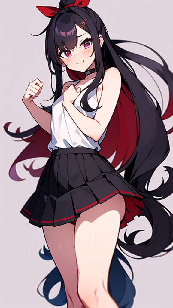 High tail hairstyle, Ponytail hairstyle, Long wavy black hair, standing posing, anime girl style, pixel art anime style,penetrating look with deep eyes,red and purple eyes, hair with a ponytail hairstyle trapped with a big red bun, women, red hair clips, x color shaped hair clips , smiling face blush, next to his bed, Skirt, tank top, Black hair, big thighs, NSFW, Skirt fluttering in the wind, perfect panty, from above, viento levantando su Skirt haciendo que se le vea el panty, hands in fist , Skirt fluttering in the wind, Skirt levantada, 