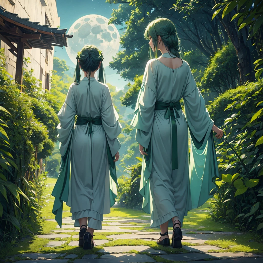 4K,Every green空 carries the promise of a new dawn, full moon、moonlight、Paving the way for a beautiful beginning,Beautiful Nature Paintings. green,green空, green、There is a woman in the photo.、Rear view、