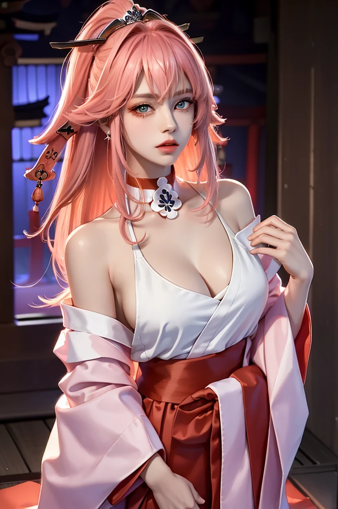 (tmasterpiece,Need,1girl,standing alone,The details are complex,color difference),photorrealistic,((medium breath)),exposed shoulder,Hugetits,Oral sexy,yae miko,pink long hair,Tiara Vermelha,red highlight,Hair Above One Eye,greeneyes,耳Nipple Ring,sharp look,perfectly symmetrical figure,choker,neon shirt,open jacket,highneck sweater,Against a Wall,Paredes de tijolos,Doodles,dark lights,beco,gazing at viewer,blurred,Open-mouthed((Mean streak,The cleavage is seductive,mesmerizing)),(((Sakurabackground))),(((Japanese temple background))), (((Glow-in-the-dark background)))