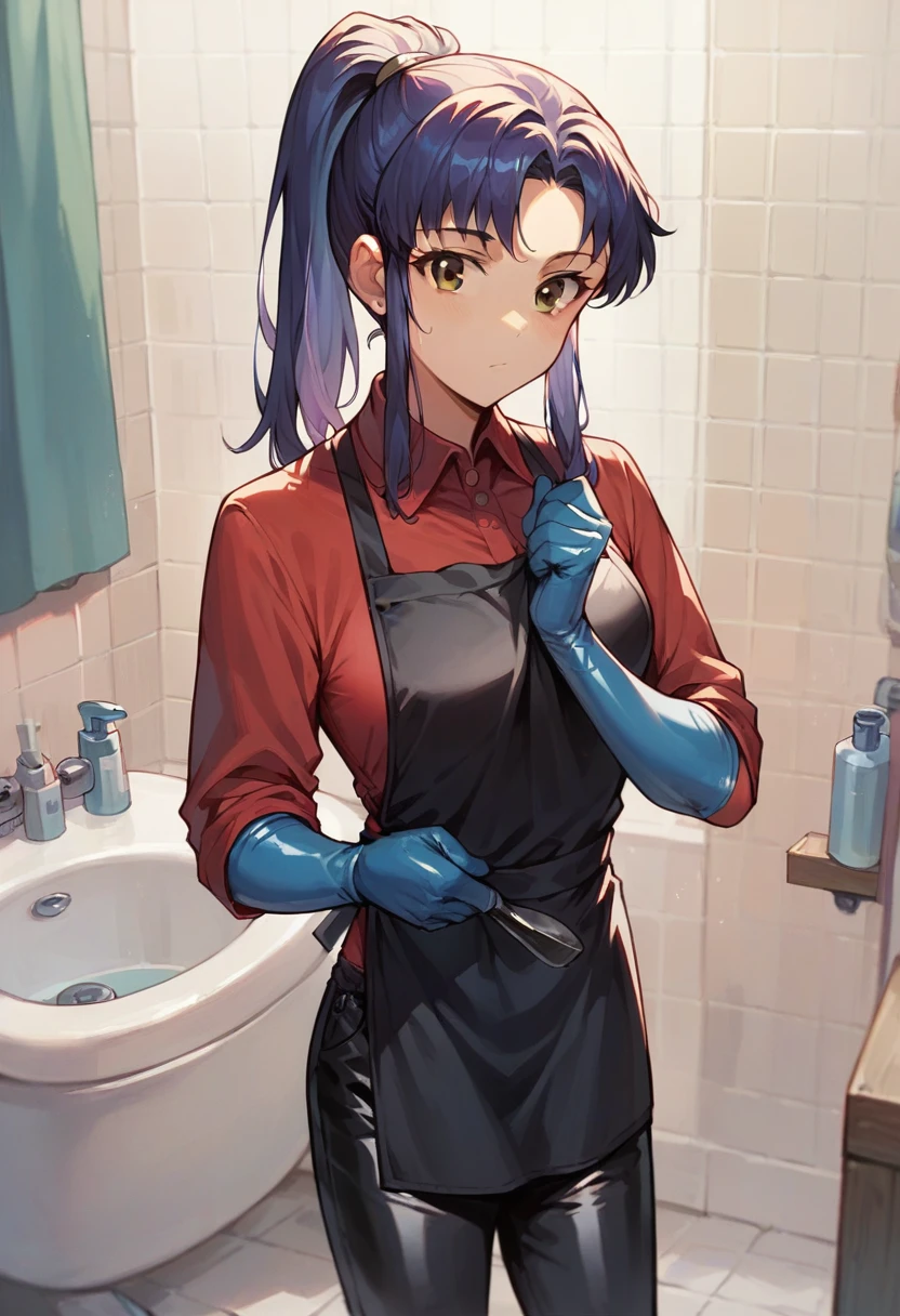 1girl, misato katsuragi, ponytail, ((blue half elbow rubber gloves)), (red shirt), ((long sleeves)), (black apron), (pants), looking at viewer, standing, ((cleans the bathroom )), solo

