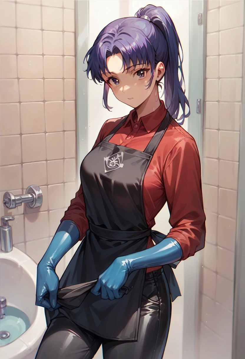 1girl, misato katsuragi, ponytail, ((blue half elbow rubber gloves)), (red shirt), ((long sleeves)), (black apron), (pants), looking at viewer, standing, ((cleans the bathroom )), solo