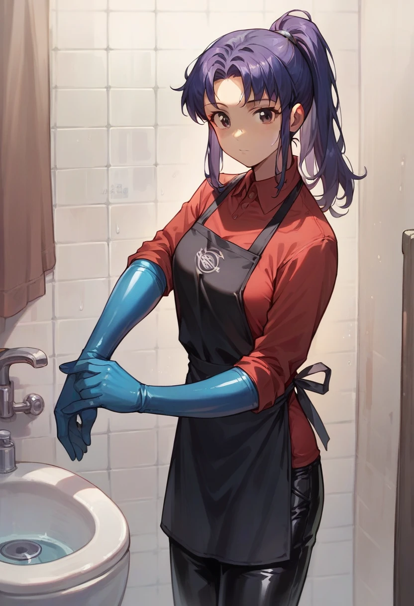 1girl, misato katsuragi, ponytail, ((blue half elbow rubber gloves)), (red shirt), ((long sleeves)), (black apron), (pants), looking at viewer, standing, ((cleans the bathroom )), solo