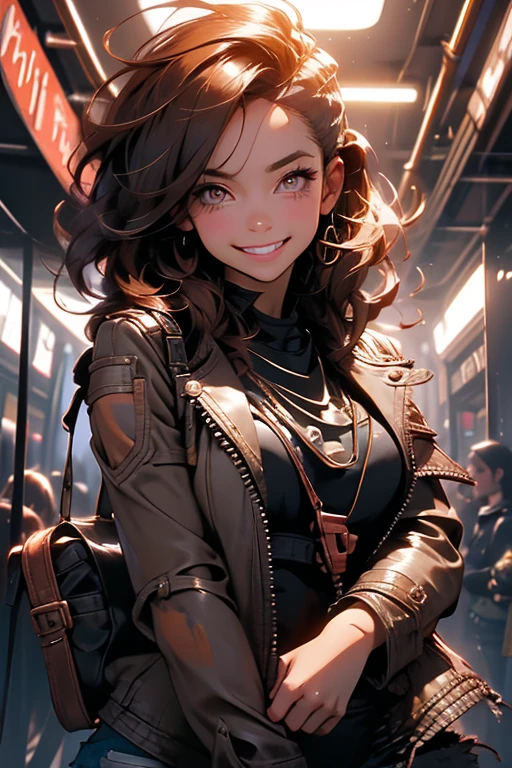 Perfect face. Perfect hands. A brown haired woman with copper eyes and an hourglass figure in a black leather jacket and ripped jeans is exploring an abandoned subway with a big smile
