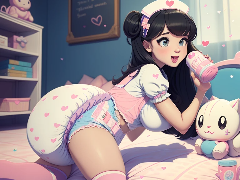 A confident mommydom wearing a big bulbous puffy diaper, heart emojis, bedroom, fishnet stockings, pretty eyes, seductive, flirty, colorful, puffy dress,  room, diapers, confetti, cake,Black Silk,Trojans,Maid costume,The girl is drinking from the bottle and holding a  toy,She is wearing a nurse's uniform,She stuck out her tongue and looked like she was enjoying it,She is trying to poop