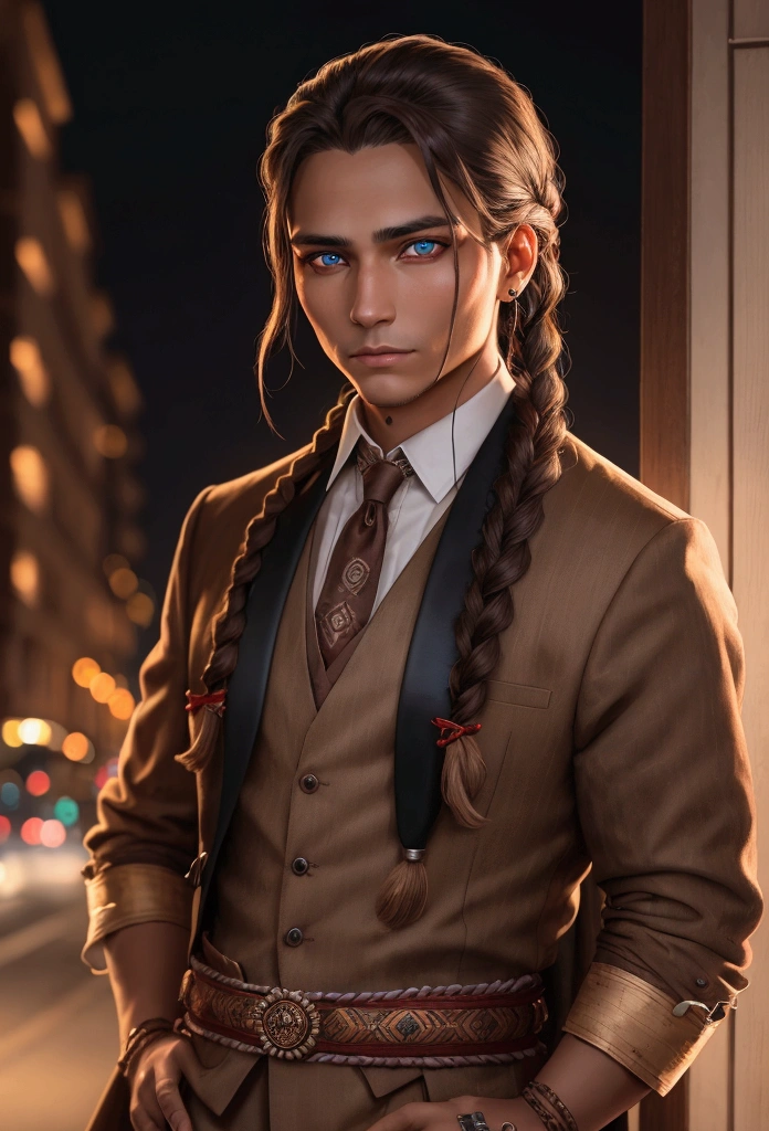 adult man indiginous well-dressed with accessory indiginous at night braided hair glowing brown eyes protrait