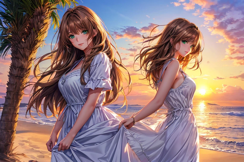 Woman in Greece portrait anime green eyes Nikon camera sunset hour realistic photography Beach House at Greek island animation realistic brown hair