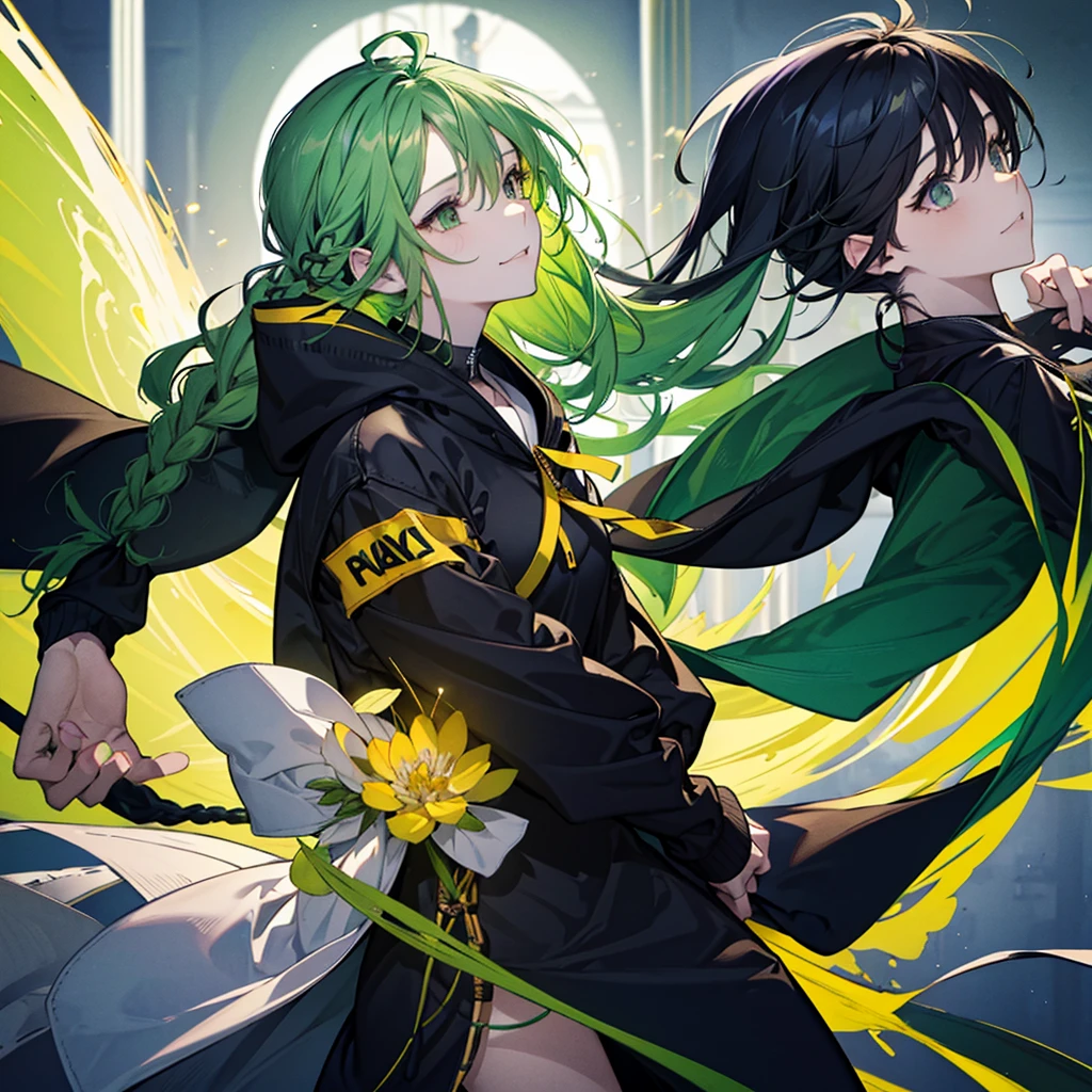 Yellow-green hair,Braiding,woman,Bend your elbows,smile,Black hoodie with droopy ears,Student skirt,cute,profile,Gamer、Wearing a hoodie,sit,Relax at the cafe,Peace under the chin,Hair that reaches the shoulders,Calm,1 person,rest one's chin on one's hand