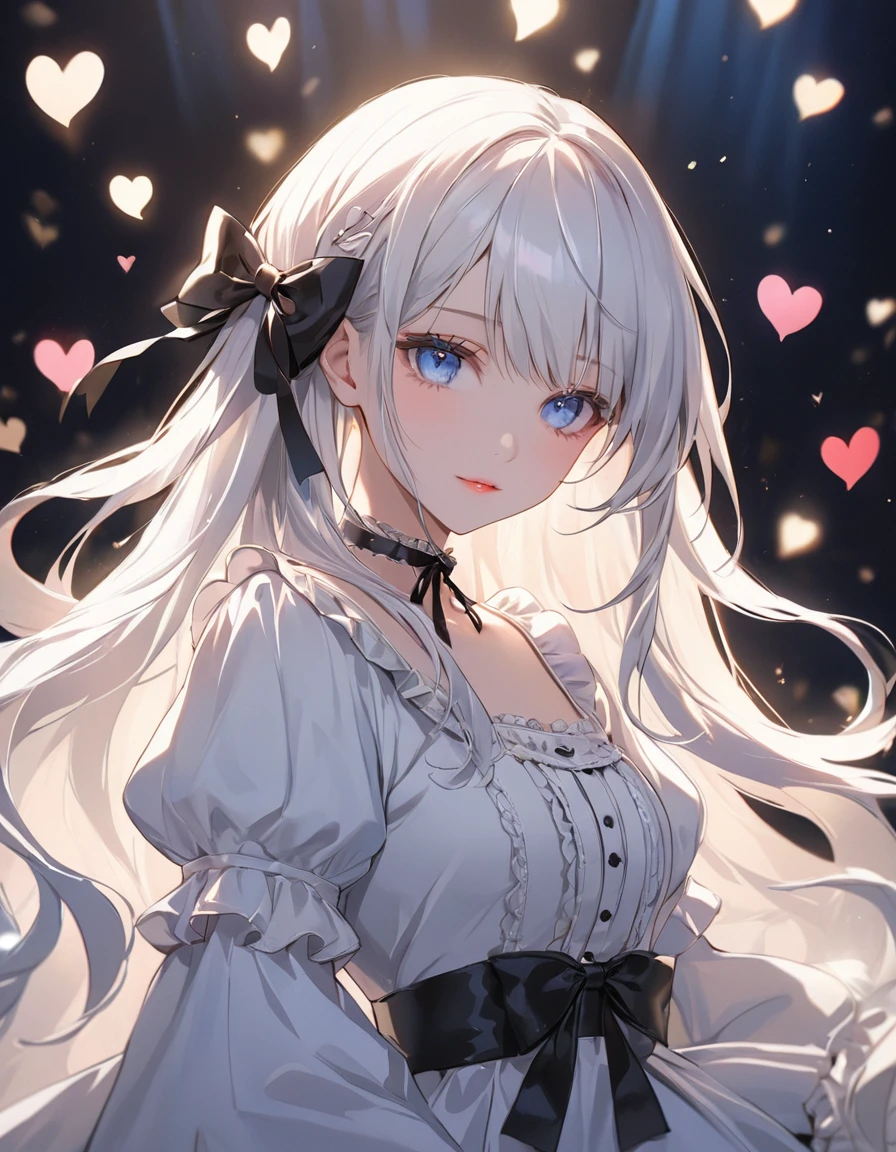 (top-quality),(masuter piece),Delicately drawn face,girl with a pretty face,beautiful detailed blue eyes,white lolita fashion,((beautiful detailed white costume)),(Beautiful silky white hair:1.2),black ribbon hair ornament,pale skin,film lighting,background is silhouette of many hearts