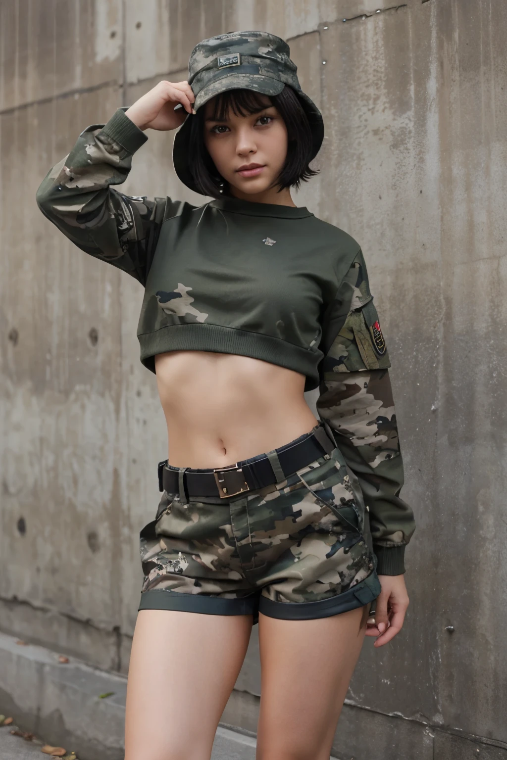 Cute girl, military, short black hair, brown eyes, blue hat, military clothing, brown belt, military shorts, exposed stomach, military camouflage clothing 
