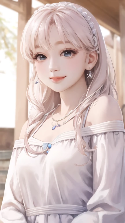 Realistic、Super adopted、1 young idol girl、Gazing into the distance、date、off shoulder white tops、Round and young々Funny face、Accessories Full、necklace、Clear Eyes、Long eyelashes、Small breasts、Narrow waist、light makeup、smile。Light-colored hair、