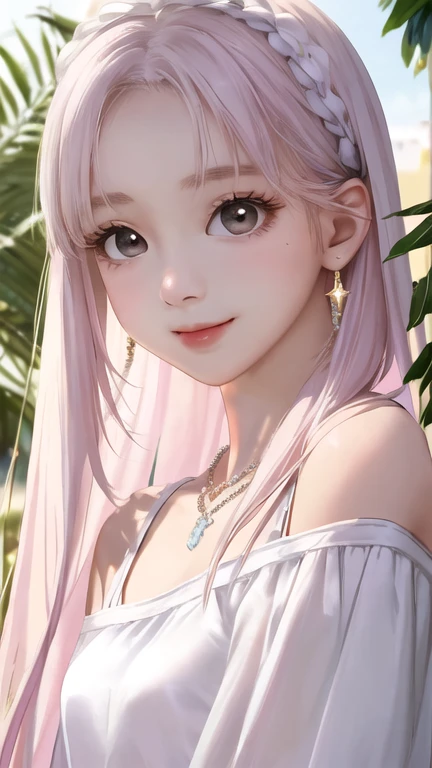 Realistic、Super adopted、ung idol girl、Gazing into the distance、date、off shoulder white tops、Round and young々Funny face、Accessories Full、necklace、Clear Eyes、Long eyelashes、Small breasts、Narrow waist、light makeup、smile。Light-colored hair、
