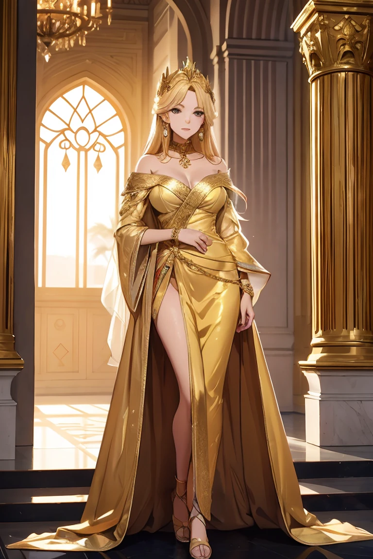 Visual Description:In the splendor of a luxurious Roman palace, a young princess exudes an aura of majesty and sophistication. She is between 18 and 22 years old, with flawless skin and a perfectly sculpted body. Her long golden blonde hair shines brightly and reflects the light around her., creating a dazzling effect. His eyes are a deep golden yellow, radiant and fascinating.The princess wears a long golden silk imperial robe, that flows gracefully to the ground. The tunic is light and fluid, with a deep neckline and wide sleeves that give an air of elegance. The fabric is adorned with intricate embroidery in gold and precious stones, that capture the light in a charming way. Na cintura, a golden headband with an elegant brooch accentuates your slender figure and adds a touch of sophistication.She wears thin gold strappy sandals, that match perfectly with the rest of the outfit. The decoration of the surrounding palace is made up of marble columns, luxurious tapestries and opulent decor, creating an environment that reflects the wealth and power of ancient Rome.The presence of the princess in the palace, dressed in the imperial robe, conveys a perfect combination of royal beauty and grace, standing out amidst the splendor of the environment