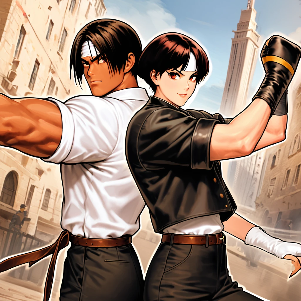 Masterpiece, 2 people, man and woman before fight, 1 on 1, best quality, 8K, smirking, fighting pose, fight: 1.5,(Kyo Kusanagi), man has dark skin, red eyes, one person, ((white headband)) two shots, black jacket (rolled up arms), fingerless gloves, black hair, white T-shirt, black pants, white shoes, brown belt, boyish, handsome, shot, charming, masterpiece, high quality, fine face, grainy, morning, confident smile, man and woman fighting against Montparnasse Tower, loud cheers, same hair, same hair and clothes, angry face: 1. attack speed 5, fast attack, angry face, angry face