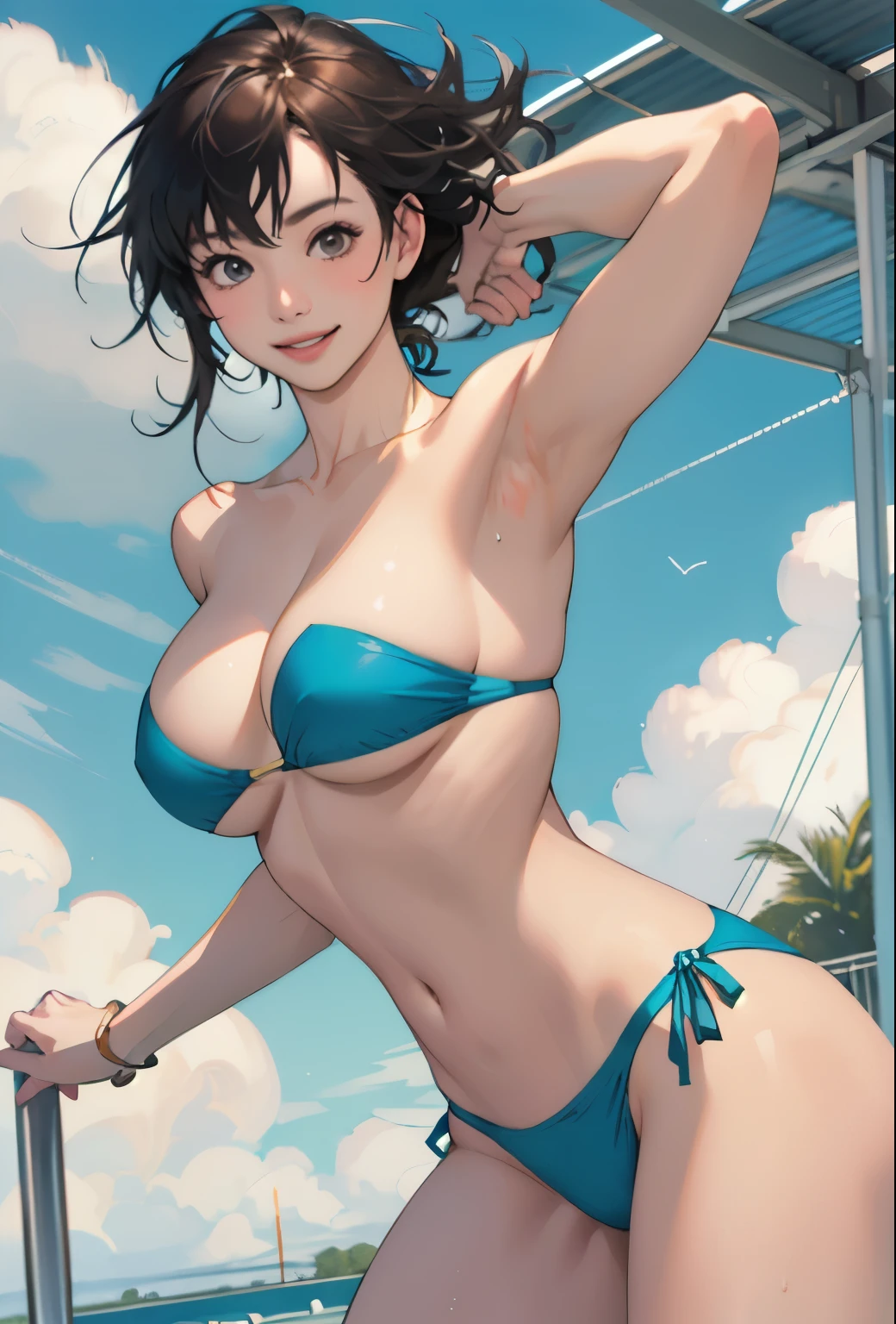 Realistic、Face reality、With a girl、Swimwear、Sexy smile、My breasts have gotten a little bigger、Sexy pose、High diving board、Bandeau bikini、Less fabric area、