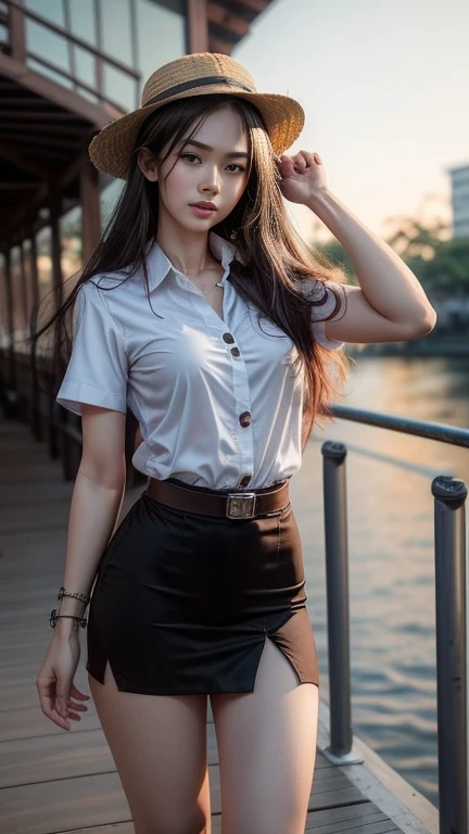 Thai university uniform, white short-sleeve button up shirt:1.2, black tight mini skirt:1.2, brown suede belt:1.2, silver metal shirt buttons:1.2, black straight long hair, masterpiece、beautiful girl、highest quality, High resolution, (reality: 1.4), Cinema Lighting,so beautiful、Beautiful Skin、(super reality)、(High resolution)、(8k)、(Very detailed)、(Very detailed)、 Detailed face, 20, perfect figure, perfect body proportions, torn skirt:1.2, silhouette shirt:1.3, luffy d monkey hat, luffy red long-sleeve jacket with yellow buttons, on going marry ship deck