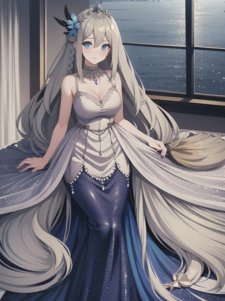 lexington \(warship girls r\),1girl, solo, (8k, masterpiece:1.2),highly detailed,ultra-detailed,masterclass,hair_between_eyes,braid,perfect lighting,medium breasts,hair ornament,(detailed facial features),full body,long_hair,blush,feathers hair ornament,(dark blue wedding dress:1.2) night,windows,indoors,light,indoors,carpet,illustration,cowboy shot,masterpiece,best quality,(MediumBlue evening dress:1.2), Flaxen long hair(delicate hair),blue eyes(delicate eyes),