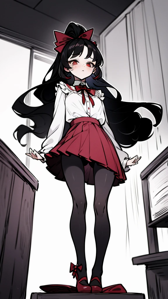 using pantimedies, wavy black hair, piercing look with deep red eyes, average stature, Silky hair with a ponytail hairstyle collected with a red bow with two white lines, with clothes, has a vagina, has breasts, cup of breasts, small breasts, slim, foreground, Session, sitting in her room, standing in his room, wearing pantyhose, using pantimedies, Picardias, short skirt, shoes, blouse with straps, blush, opening her legs making her panties visible, open legs, perfect white panty, Skirt fluttering in the wind, grabbing the skirt with both hands, from below