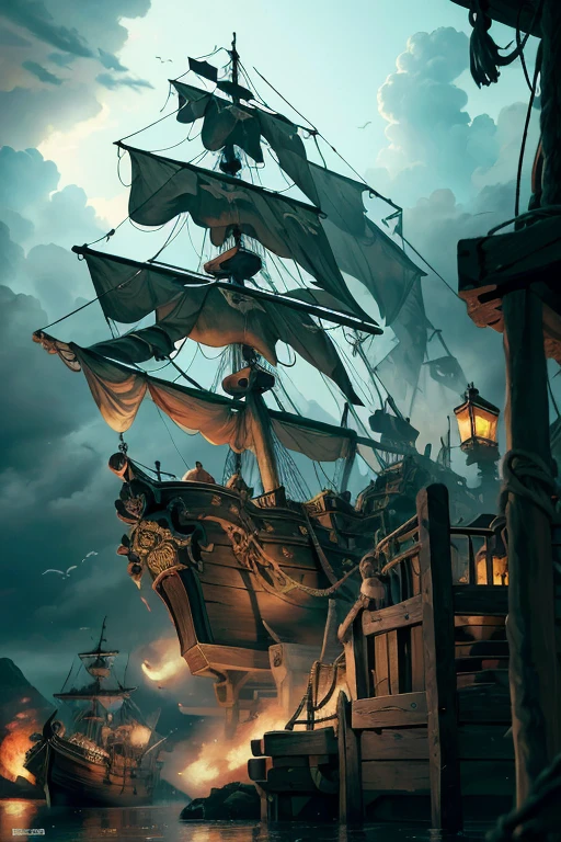 (8k, Highest quality, masterpiece),Pirate War, Pirates ship war fighting each other, epic pirate battle, cannon fire, pirate ship war, detailed pirate ship, chaotic battle scene, stormy sea, black clouds and lightning, fire and smoke,{Realistic, RAW Photos, Super Fine Clear, Impressionist painting, (Influenced by Impressionist painting:1.1)}, naval battle, Pirate Combat, by W. Heath Robinson,