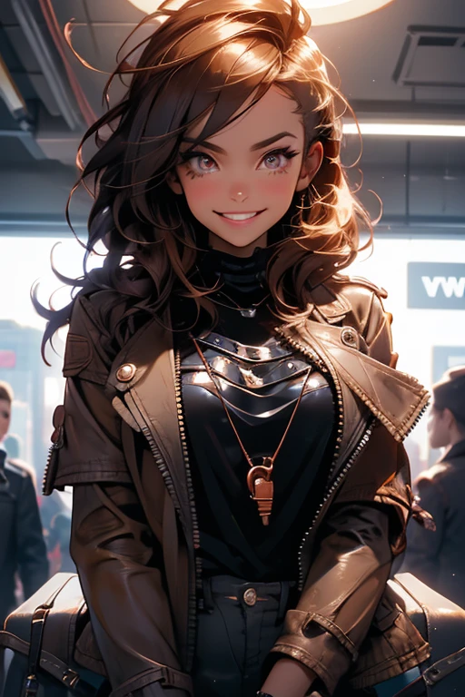 Perfect face. Perfect hands. A brown haired woman with copper eyes and an hourglass figure in a black leather jacket and ripped jeans is picking up a clue in an abandoned subway with a big smile