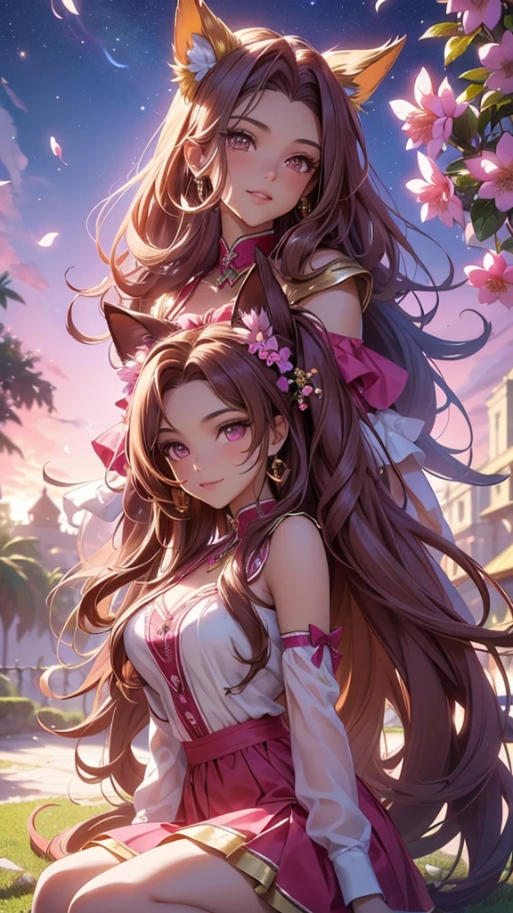 (best quality,4k,8k,highres,masterpiece:1.2),ultra-detailed,(realistic,photorealistic,photo-realistic:1.37),acrylic painting,beautiful Brazilian model in a uniform outfit red and gold with downy hair,beautiful Brazilian model with extremely colorful brown hair and detailed facial features,beautiful Brazilian model standing in a beautiful garden surrounded by a starry sky,brown hair,beautiful Brazilian model wearing a vibrant magenta uniform outfit,beautiful Brazilian model with intricate accessories,cat ears, ,beautiful Brazilian model with long flowing twintails,beautiful Brazilian model with bright brown eyes and rosy lips,beautiful Brazilian model with a joyful expression,beautiful Brazilian model in a dynamic pose with cherry blossoms falling around her,beautiful Brazilian model surrounded by colorful flowers and butterflies,beautiful Brazilian model's school uniform outfit adorned with cute bows and lace details Magenta,beautiful Brazilian model with an enchanting smile,beautiful Brazilian model with soft, pastel-colored shading,beautiful Brazilian model with a magical glow illuminating her,beautiful Brazilian model in a picturesque setting with a winding path leading to a magnificent castle,beautiful Brazilian model with a fairytale-like background,beautiful Brazilian model with a soft, dreamy atmosphere,beautiful Brazilian model with a subtle bokeh effect,beautiful Brazilian model standing under a sunny sky,beautiful Brazilian model with a warm, golden sunset in the background,beautiful Brazilian model surrounded by twinkling stars and colorful nebulae,creating an ethereal and captivating artistic masterpiece, sitting down, facing camera.