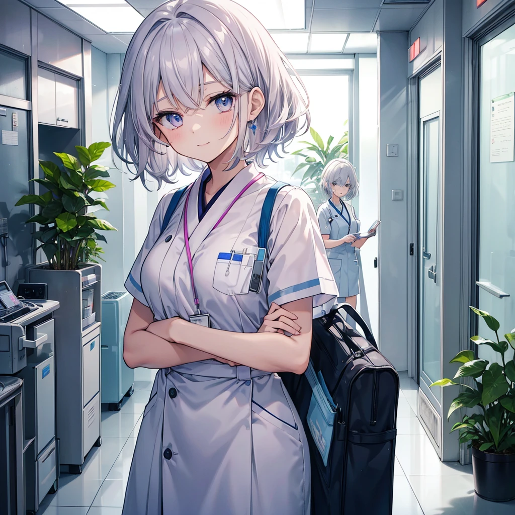 Nursing Aide Jobs. high resolution and detailed depiction. Please create an anime-style illustration of a young nurse aide. Display to the top of the head.Please create an anime-style illustration of a young nurse aide. She has soft, wavy short hair in a silver color with a subtle pink-purple tint. Her eyes are large, expressive, and blue, with a gentle yet serious expression. She is wearing light blue or white scrubs with a name tag. She is standing in a brightly lit hospital corridor, with plants and medical equipment in the background. The lighting is soft, casting gentle shadows to enhance the atmosphere. She is smiling.