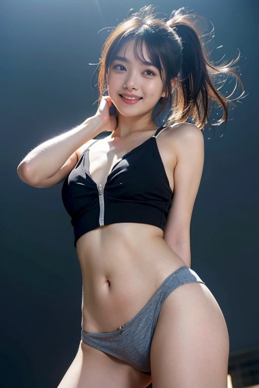 (masterpiece:1.5), (best quality:1.1),(extremely detailed:1.2),(ultra detailed), (nipples:1.4), (navel), ((bottomless)), (panty pull down:1.1), (panty drop:1.4), (public hair:1.3), (pussy), Japanese,20 years old, cute girl, 1girl, looking at viewer, (flat chest:1.2), (cute smile), solo, cowboy-shot, ponytail-hair,bangs,
standing,(simple background),(front lighting:1.4),((shiny face)), (from below:1.2)
