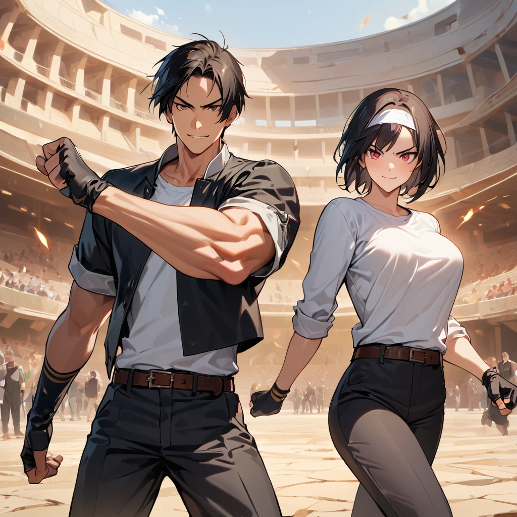 Masterpiece, two people, man and woman before fight, one on one, highest quality, 8K, smirking, fighting pose, fight: 1.5,(Kyo Kusanagi), man has dark skin, red eyes, one person, ((white headband)) two shots, black jacket (rolled arms), fingerless gloves, black hair, white t-shirt, black pants, white shoes, brown belt, boyish, handsome, shot, charming, masterpiece, high quality, fine face, grainy, morning, confident smile, man and woman fighting with Arles amphitheater in background, loud cheers, same hair, same hair and clothes, angry face: 1. attack speed 5, fast attack, angry face, angry face