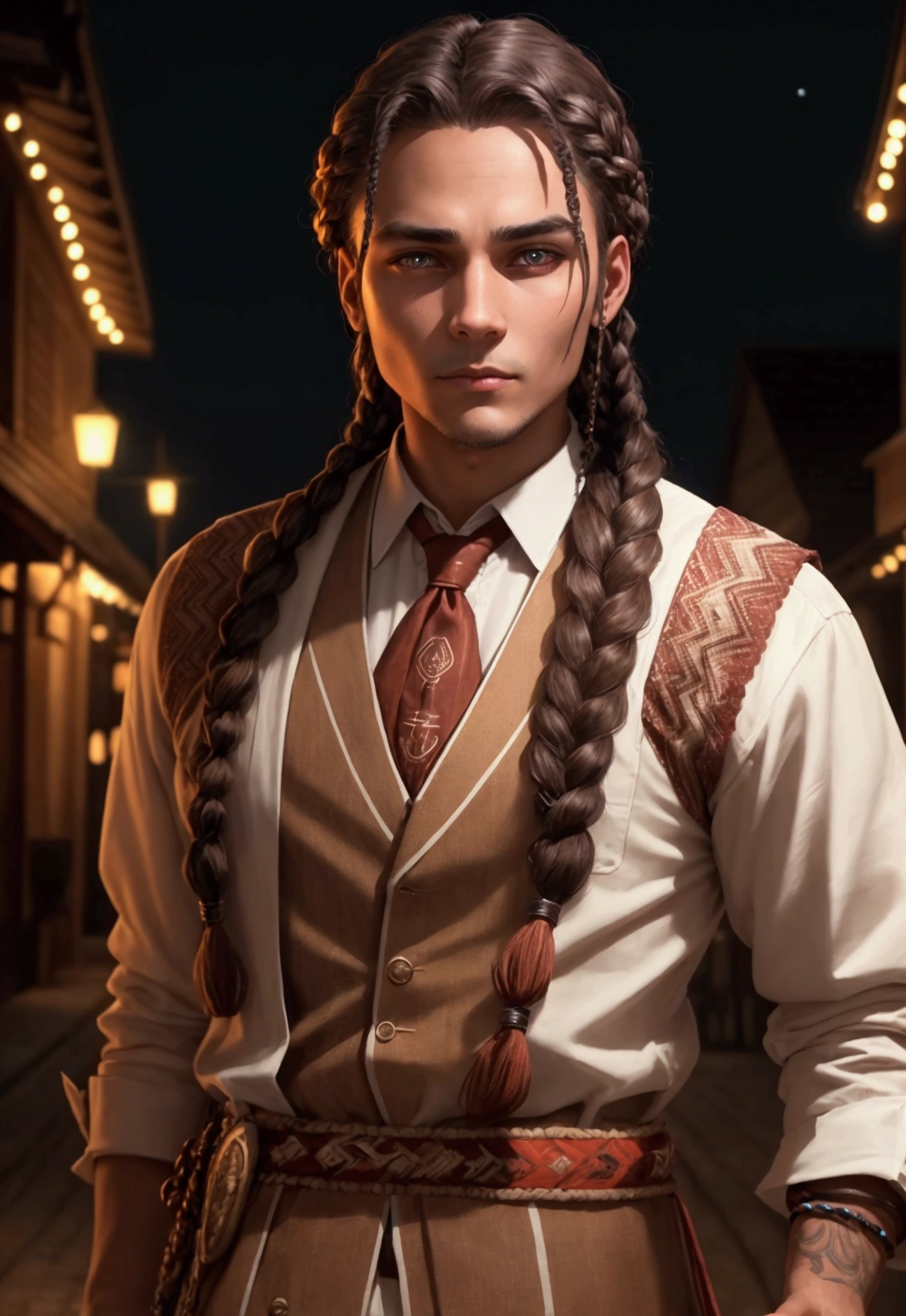 adult man indiginous well-dressed with accessory indiginous at night braided hair glowing brown eyes protrait