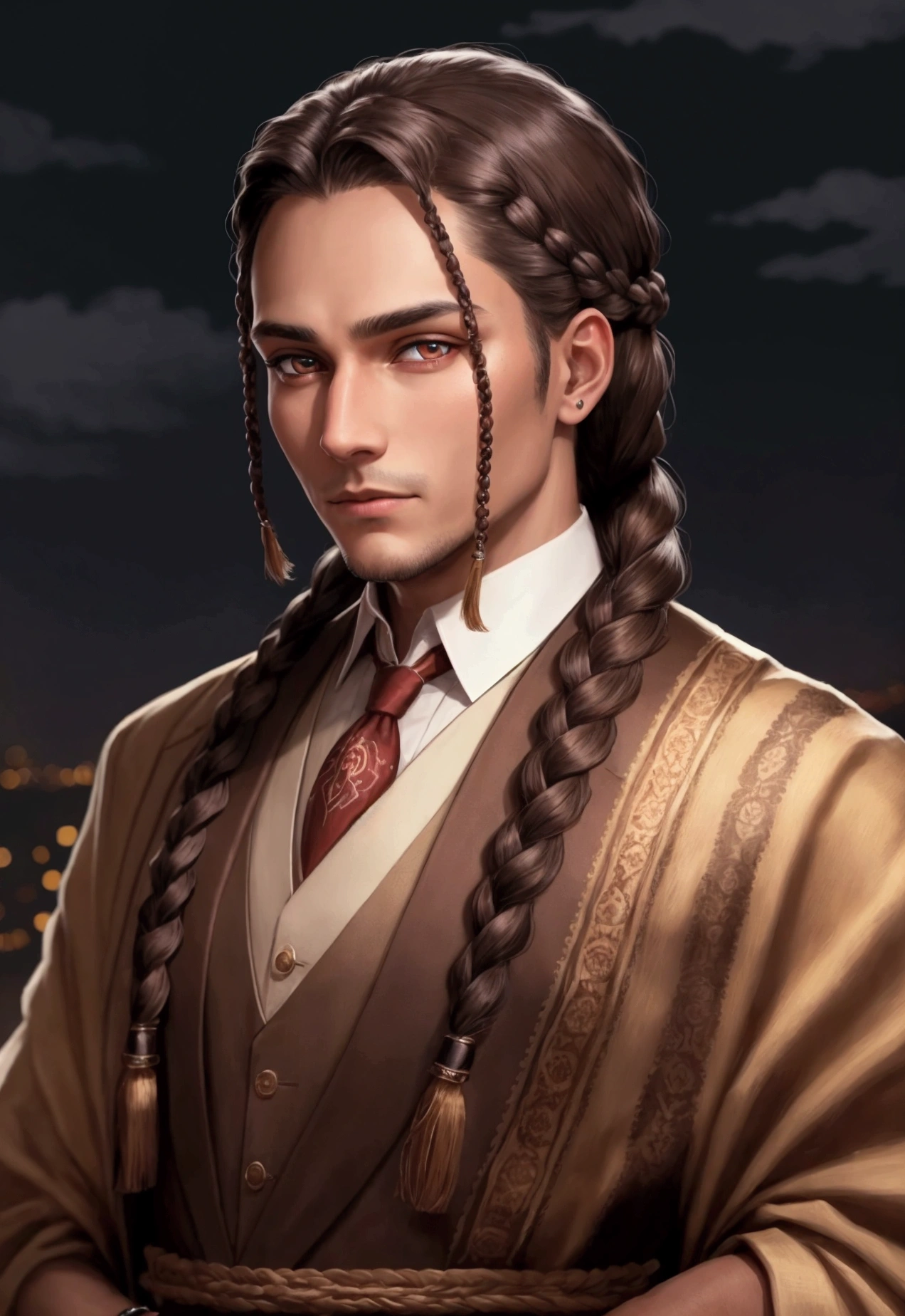 adult man indiginous well-dressed with accessory indiginous at night braided hair glowing brown eyes protrait