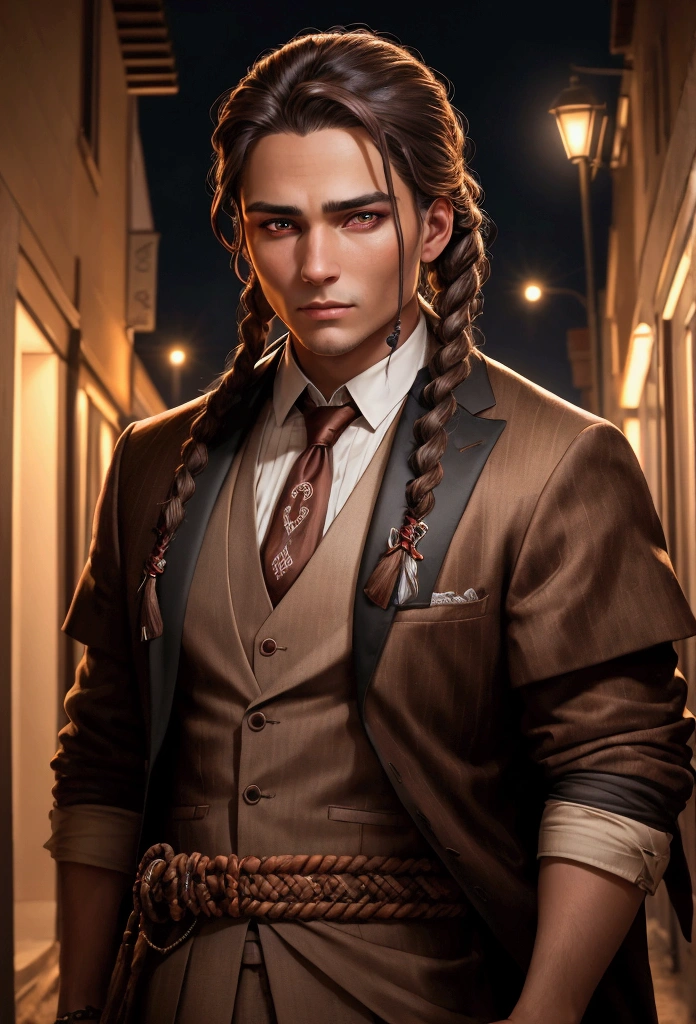adult man indiginous well-dressed with accessory indiginous at night braided hair glowing brown eyes protrait