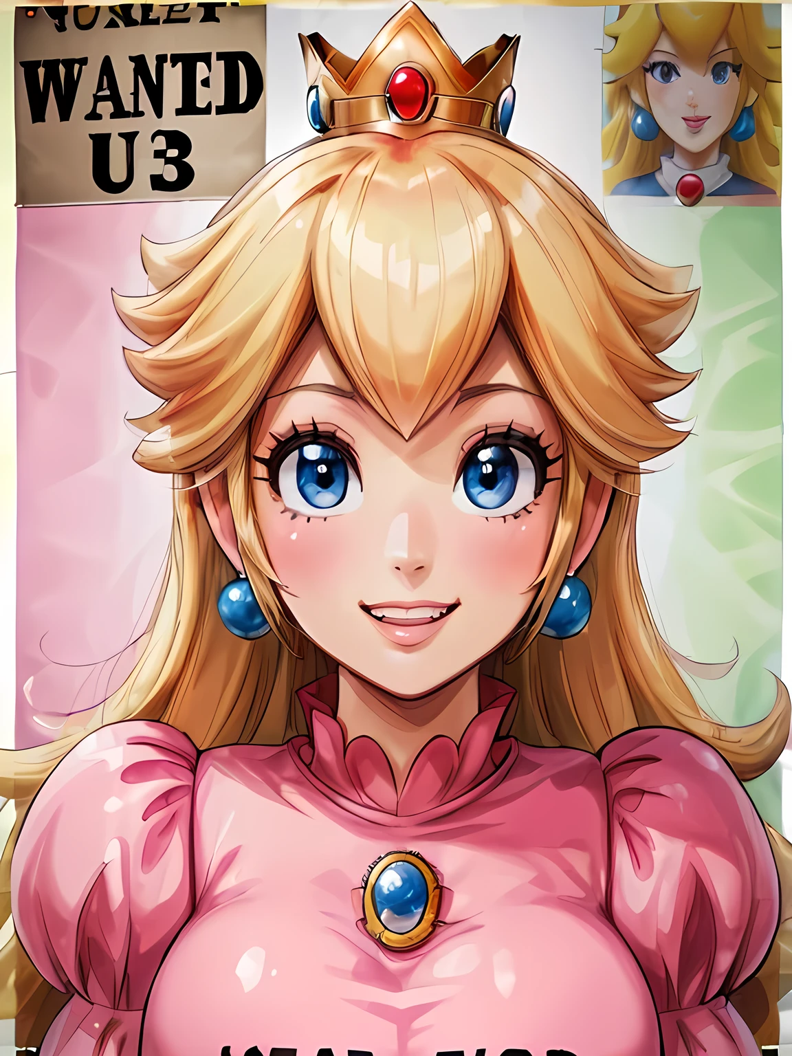 (((Wanted poster:1.37, "Wanted" is written in large letters:1.37))), Princess Peach, ((Close-up shot, grin)), pink dress, (Mosaic-effect on eyes), brooch, puffy sleeves, lipstick, smooth skin, crowns, earrings, Blonde Hair, background is the Super Mario World, Beautiful Face, Highly detailed CG, Super detailed, ((masterpiece, best quality, high resolution)), Fugitive warrant, 