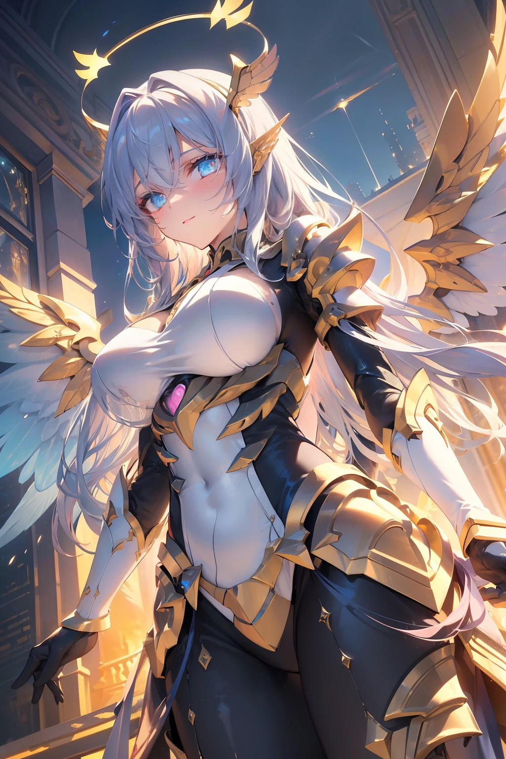 (best quality, masterpiece, colorful, dynamic angle, from below, highest detailed)upper body photo, full body photo, fashion photography of cute mechangel, glowing 4 wings, solo, glowing armor, glowing halo, building, glowing mechanical 4 wings (intricate details, hyperdetailed:1.15), detailed, light passing through hair, (official art, extreme detailed, highest detailed), HDR+