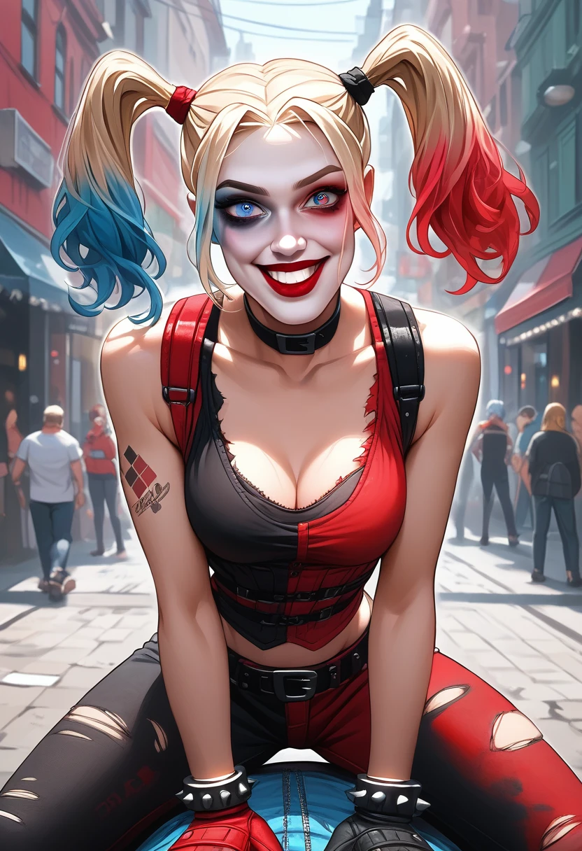 Harley Quinn, Harley Quinn, bangss, blue colored eyes, hair blonde, twin tails, hair blue, multicolored hair, choker, faded hair, make up, penetrating, pink hair, lips, lipstick, lips rojos, They are smiling, ssmile,
break coxas, mitts, へそ, decolletage, jewelry, jaket, clothes open, shorts, mitts negros, diaphragm, black thighighs, mitts sin dedos, Neck, bracelet, jaket aberta, jaket negra, Cut up, torn laundry, Short pants, tatoo, chain, spikes, jaket recortada, bracelet com pontas, pointed collar, Micro Short pants, jaket multicolor, REST looking at the viewer, complete body, REST outdoors, break (Masterpiece artwork:1.2), the best quality, high resolution, unity wallpaper 8k, (illustration:0.8), (beautiful detailed eyes:1.6), extreme detailed face, perfect lighting, extremely detailed CG, (perfect hands, Perfect Anatomia), sensuous body, blush, ((Breasts huge)), sensuous