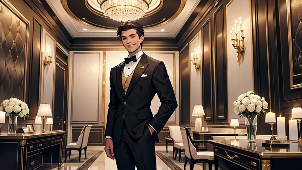 A rich man is standing, well dressed, inside a luxurious office room. He wears an elegant suit and is smiling confidently at the camera. The environment around him is sophisticated, with high-quality furniture and modern decor. From the ceiling, dollar bills and bitcoin coins fall around you, symbolizing wealth and financial success. The man's expression conveys satisfaction and pride, As he looks straight into the camera, capturing the moment of prosperity.