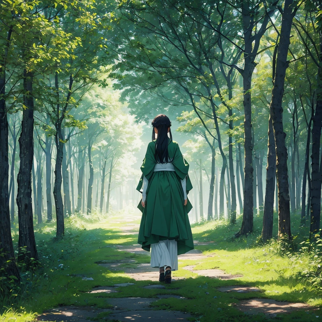 4K,Every green空 carries the promise of a new dawn, full moon、moonlight、Paving the way for a beautiful beginning,Beautiful Nature Paintings. green,green空, green、There is a woman in the photo.、Rear view、