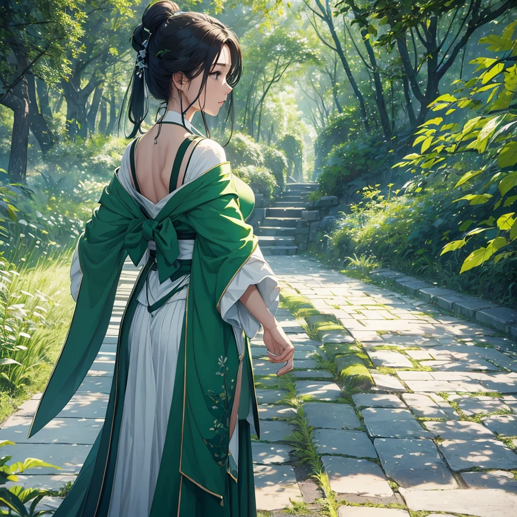 4K,Every green空 carries the promise of a new dawn, full moon、moonlight、Paving the way for a beautiful beginning,Beautiful Nature Paintings. green,green空, green、There is a woman in the photo.、Rear view、