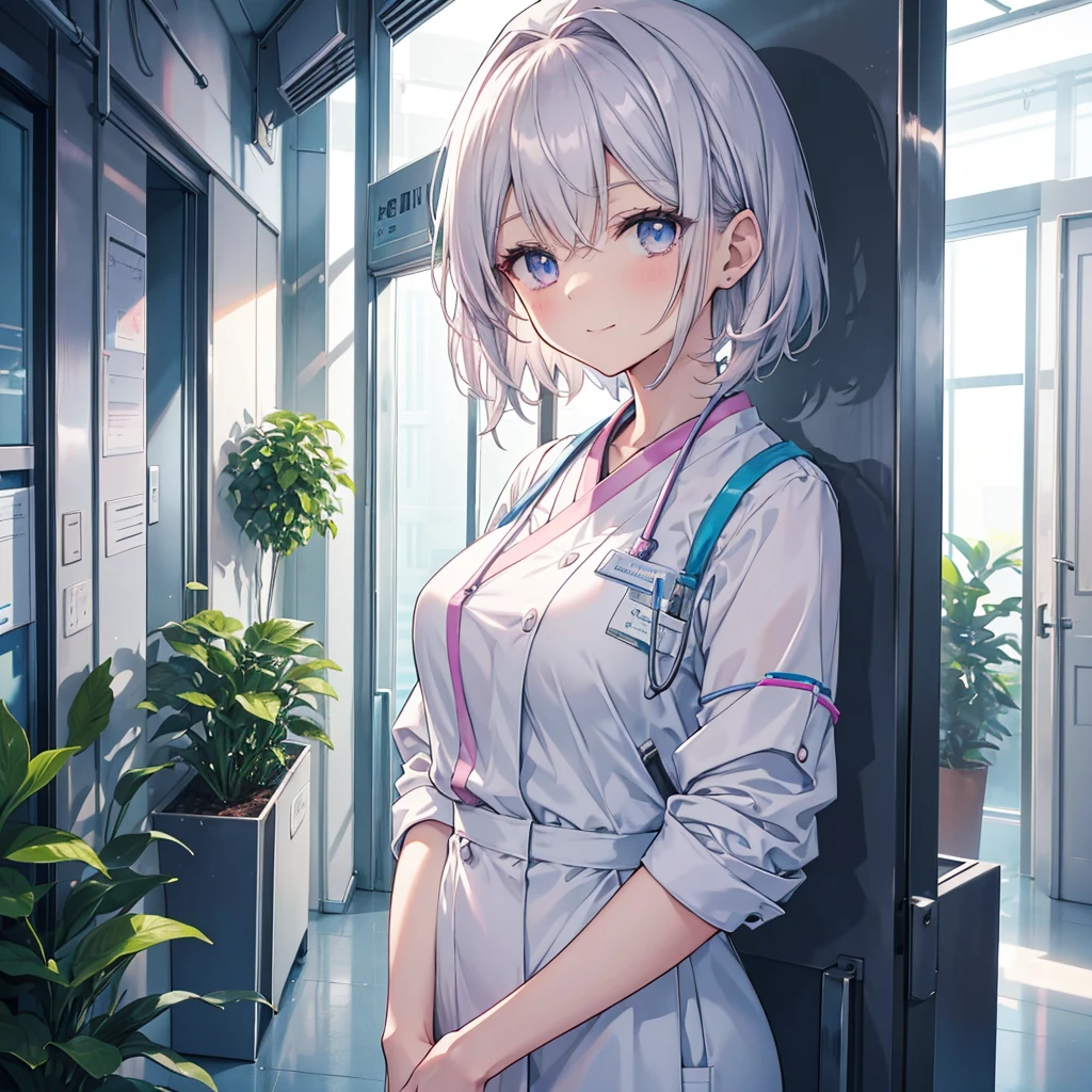 Nursing Aide Jobs. high resolution and detailed depiction. Please create an anime-style illustration of a young nurse aide. Display to the top of the head.Please create an anime-style illustration of a young nurse aide. She has soft, wavy short hair in a silver color with a subtle pink-purple tint. Her eyes are large, expressive, and blue, with a gentle yet serious expression. She is wearing light blue or white scrubs with a name tag. She is standing in a brightly lit hospital corridor, with plants and medical equipment in the background. The lighting is soft, casting gentle shadows to enhance the atmosphere. She is smiling.