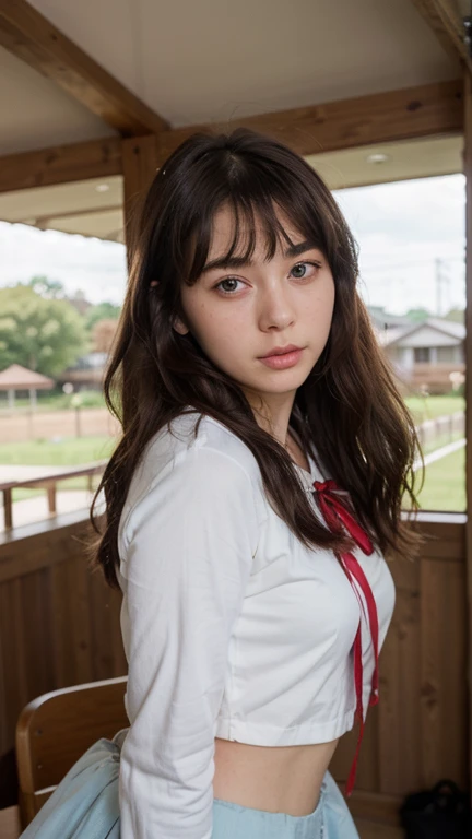 A cute and tsundere girl of Russian-Japanese descent. She has long, dark brown hair with slight waves and large, light blue eyes that are characteristic of Russian features but with an almond shape typical of Japanese eyes. She is wearing a neat Japanese school uniform, such as a sailor outfit with a red ribbon. Her expression often appears stern or blushing, reflecting her tsundere nature. She has fair skin with a slight blush on her cheeks, adding to her cute and somewhat shy appearance.