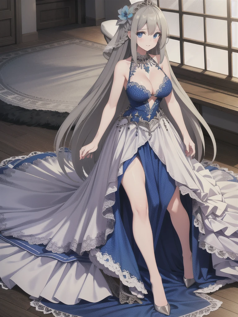 lexington \(warship girls r\),1girl, solo, (8k, masterpiece:1.2),highly detailed,ultra-detailed,masterclass,hair_between_eyes,braid,perfect lighting,medium breasts,hair ornament,(detailed facial features),full body,long_hair,blush,feathers hair ornament,(dark blue wedding dress:1.2) night,windows,indoors,light,indoors,carpet,illustration,cowboy shot,masterpiece,best quality,(MediumBlue evening dress:1.2), Flaxen long hair(delicate hair),blue eyes(delicate eyes),