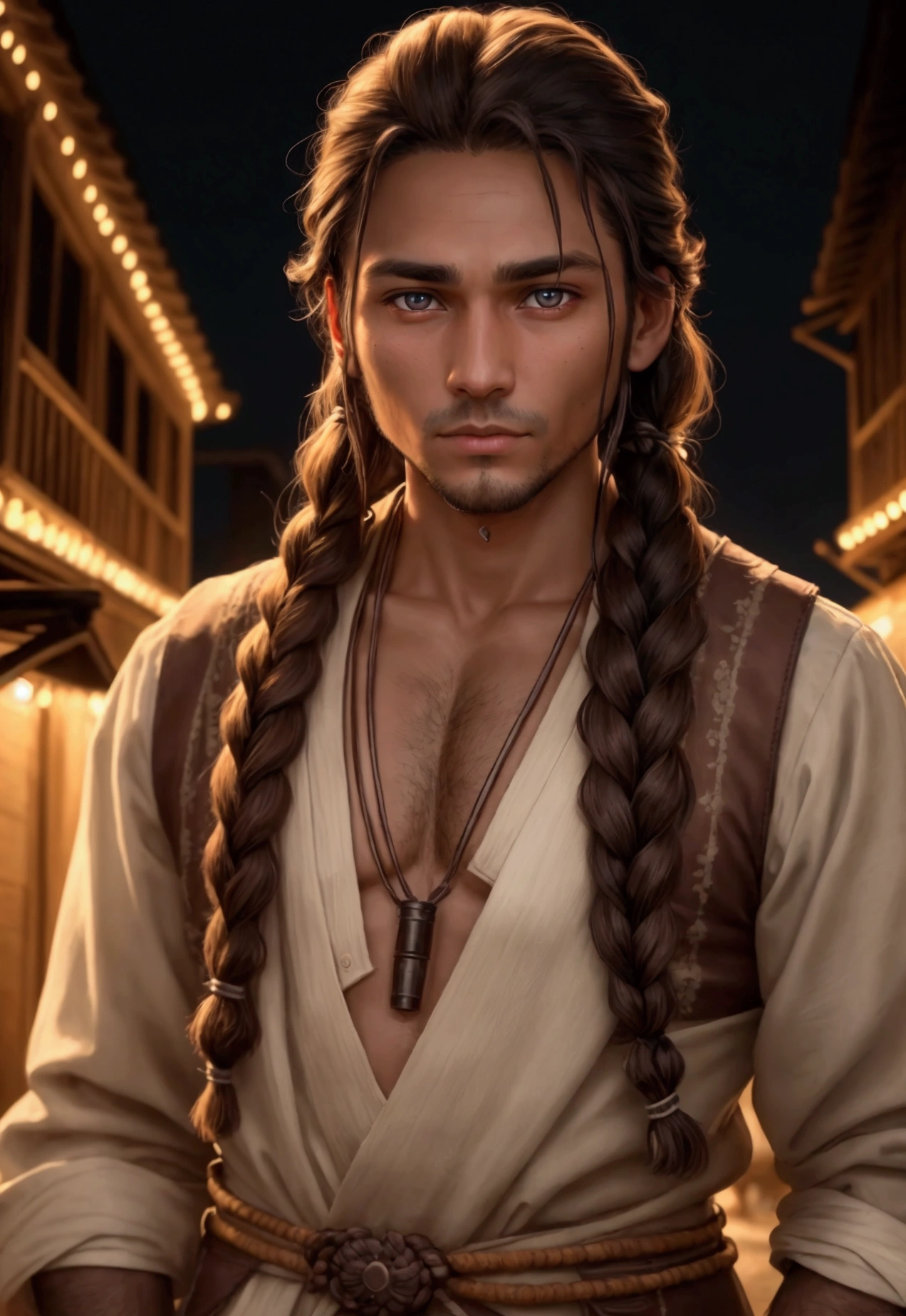 adult man indiginous with accessory indiginous at night braided hair glowing brown eyes protrait